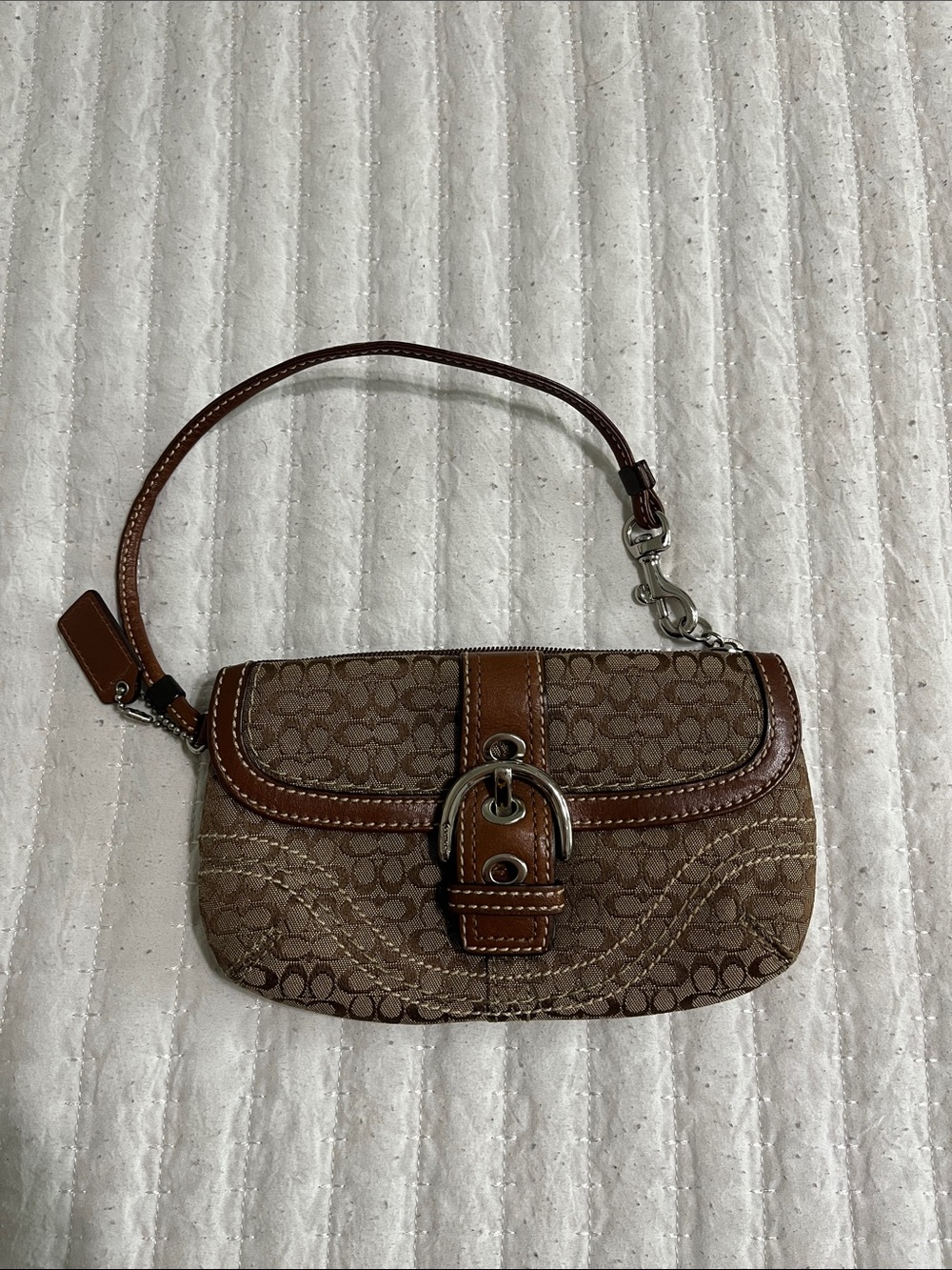Coach Brown Signature Canvas Wristlet with Tan Leather Trim and Silver Buckle